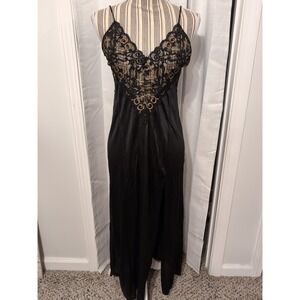 Vtg Soft Moments Black Nightgown Black & Gold Lace Bodice Slit Small Whimsygoth